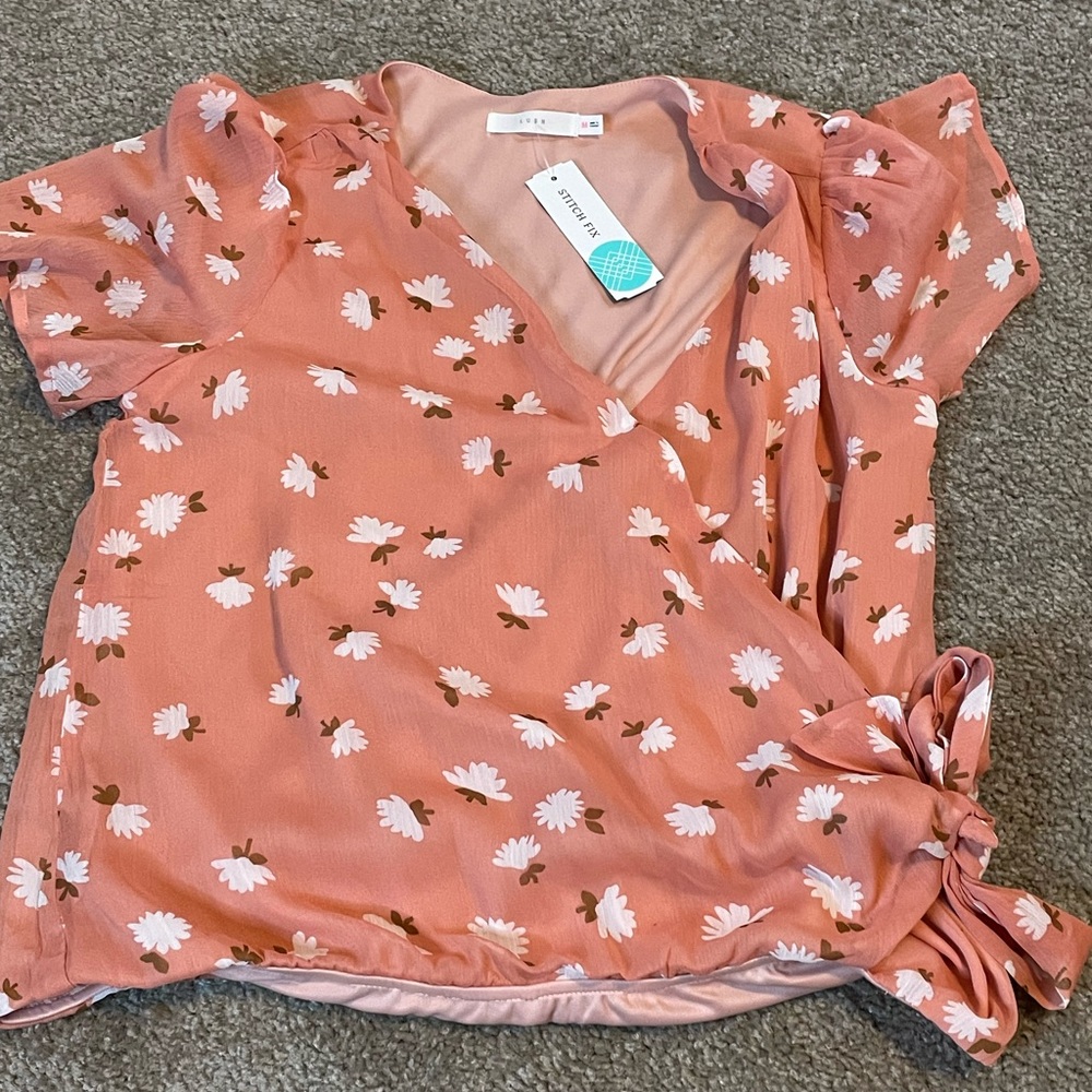Orange Cross Over Blouse with Floral Design